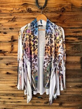 JOSTAR | Blue Leopard & Feather Open Front Kimono Cardigan XXL
